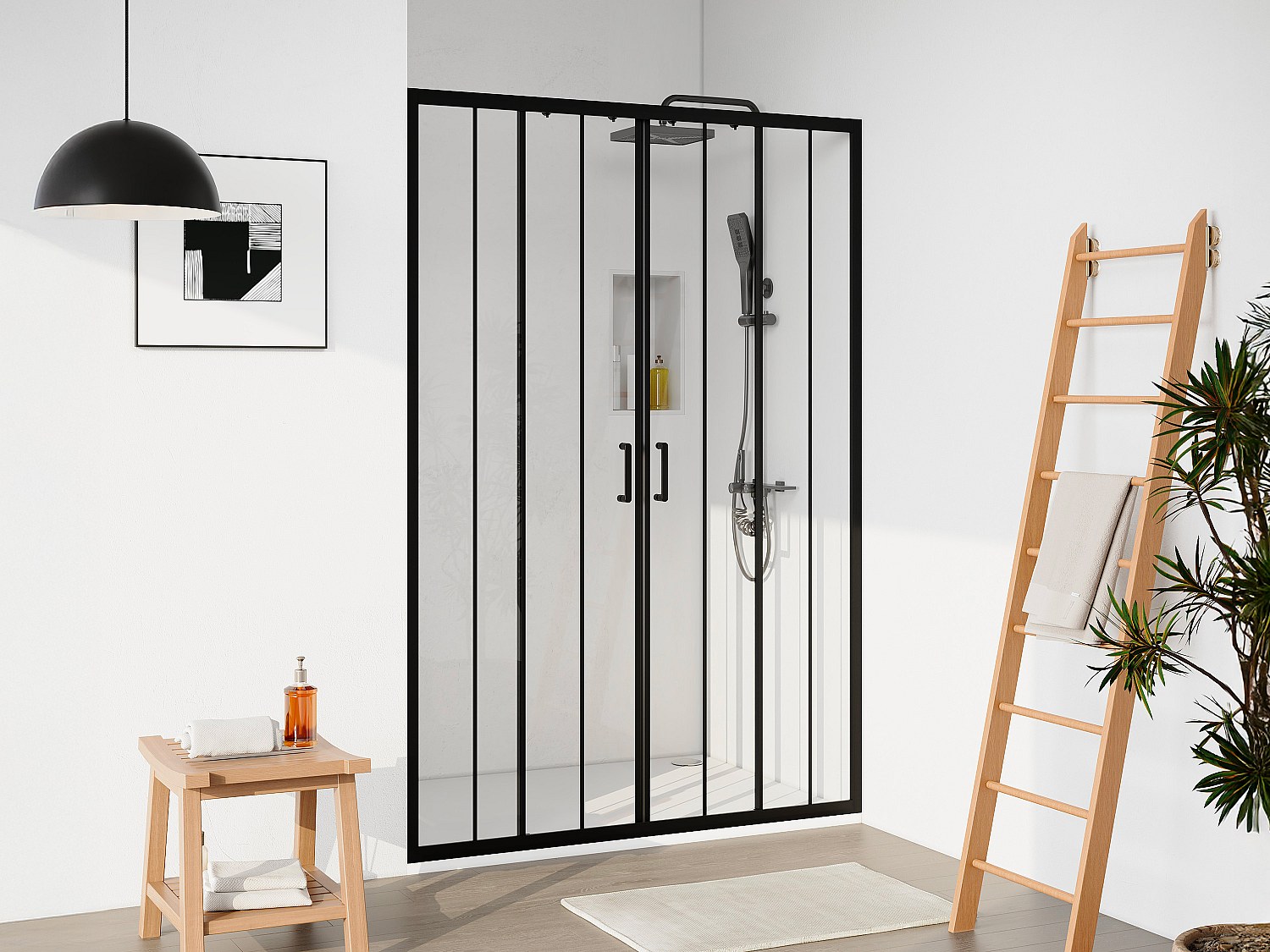 Dobbelt skyvedør til dusj i matt sort metall - Kalkavvisende glass - 140 x 195 cm - BAVIODA