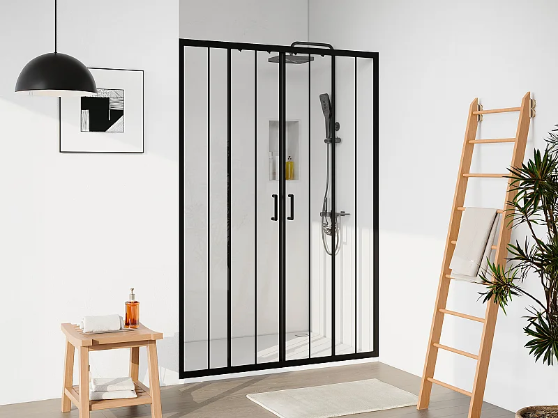 Puerta de ducha corredera doble de metal negro mate - Cristal antical - 140 x 195 cm - BAVIODA