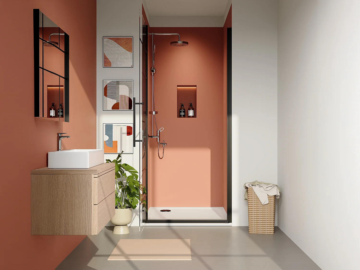 Porte de douche pivotante en métal noir mat au style industriel - Verre anti-calcaire - 80 x 195 cm - FIORENI