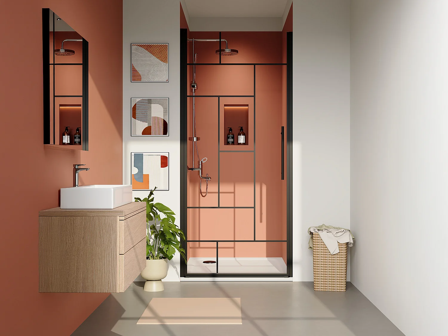 Porte de douche pivotante en métal noir mat au style industriel - Verre anti-calcaire - 80 x 195 cm - FIORENI