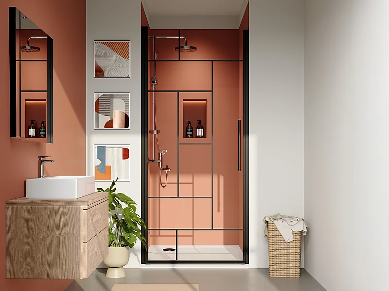 Porte de douche pivotante en métal noir mat au style industriel - Verre anti-calcaire - 80 x 195 cm - FIORENI