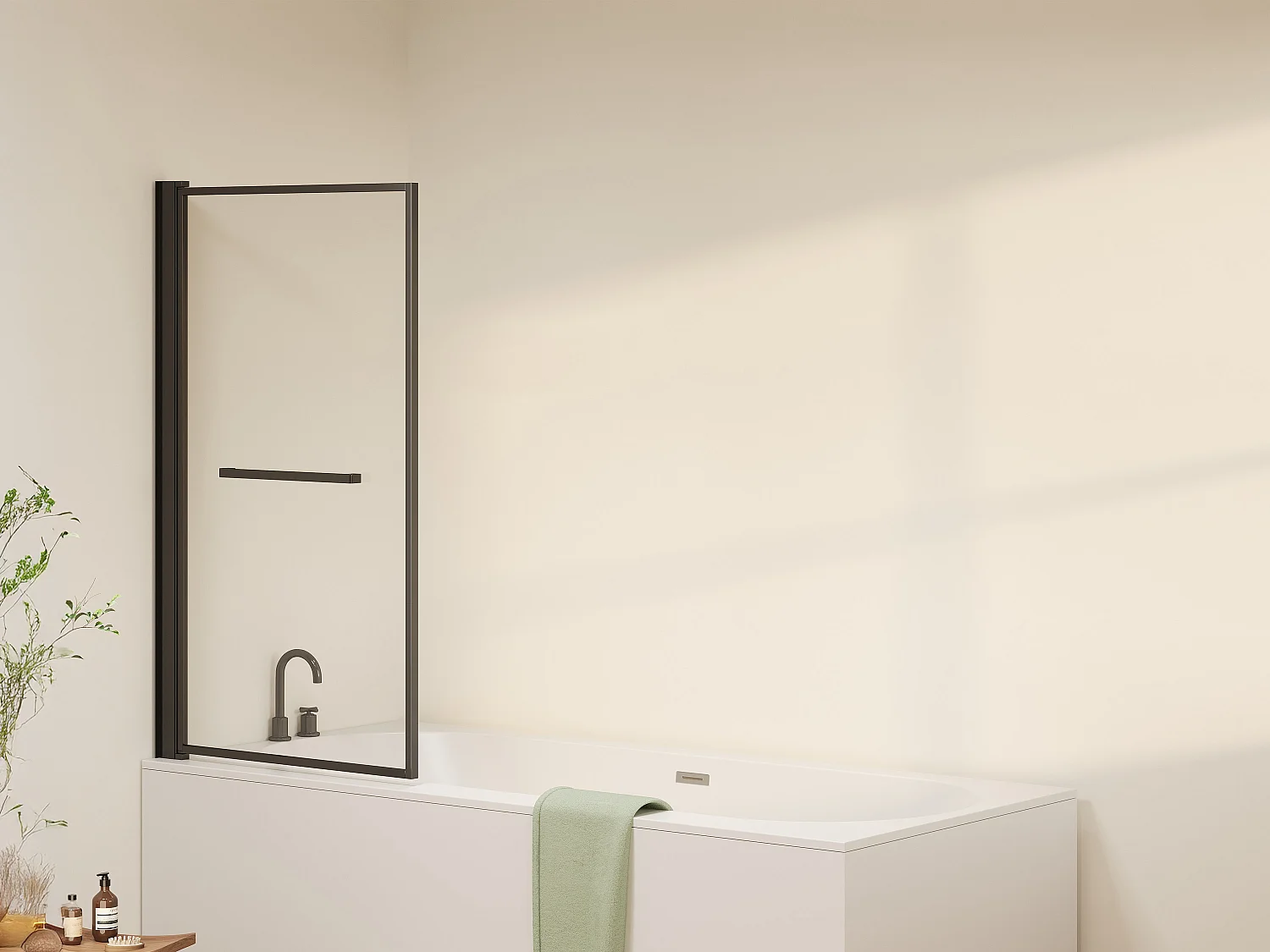 Pare baignoire pivotant et relevable avec porte serviette - Noir mat - 80 x 140 cm - VESLIRA