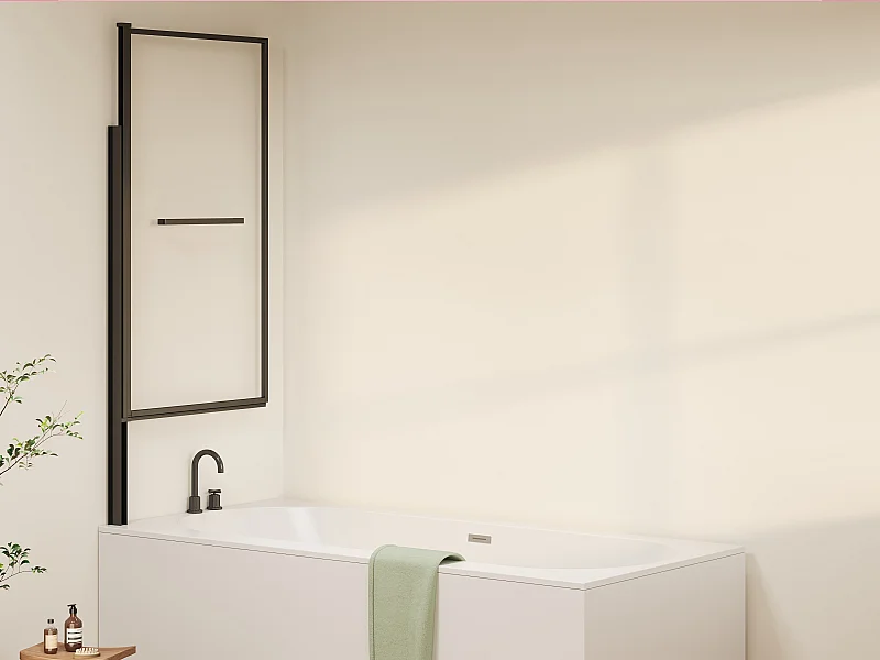 Pare baignoire pivotant et relevable avec porte serviette - Noir mat - 80 x 140 cm - VESLIRA