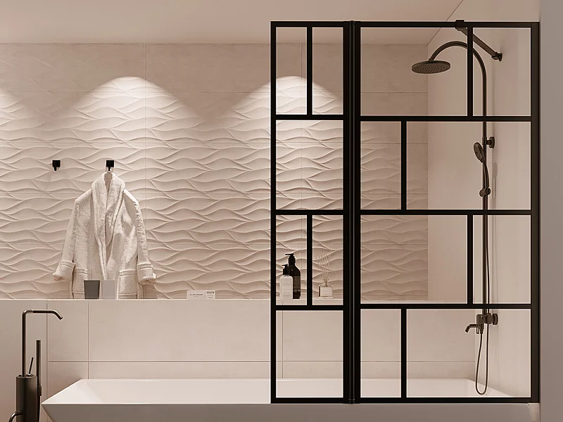 Pare baignoire noir mat au style industriel avec volet pivotant - 120 x 140 cm - OBELINI