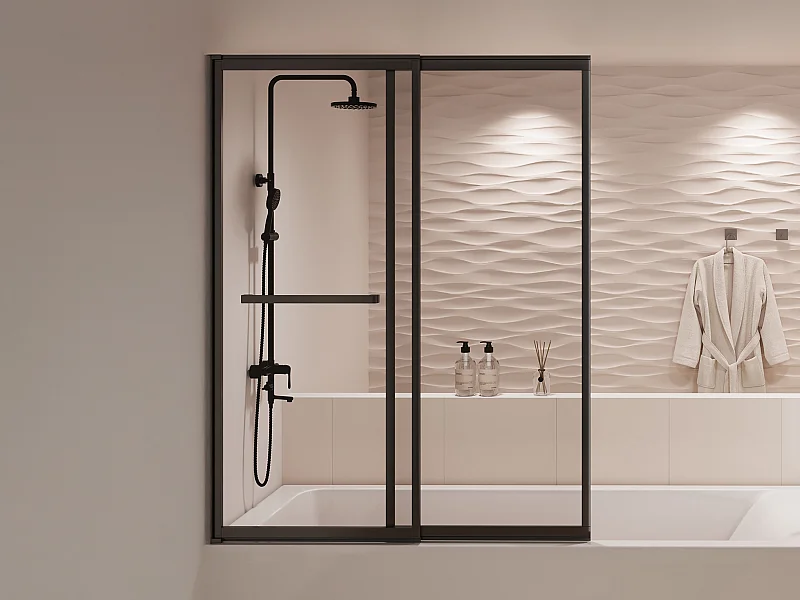 Pare baignoire coulissant noir mat avec porte serviette - 100x140 cm - WAIMEA