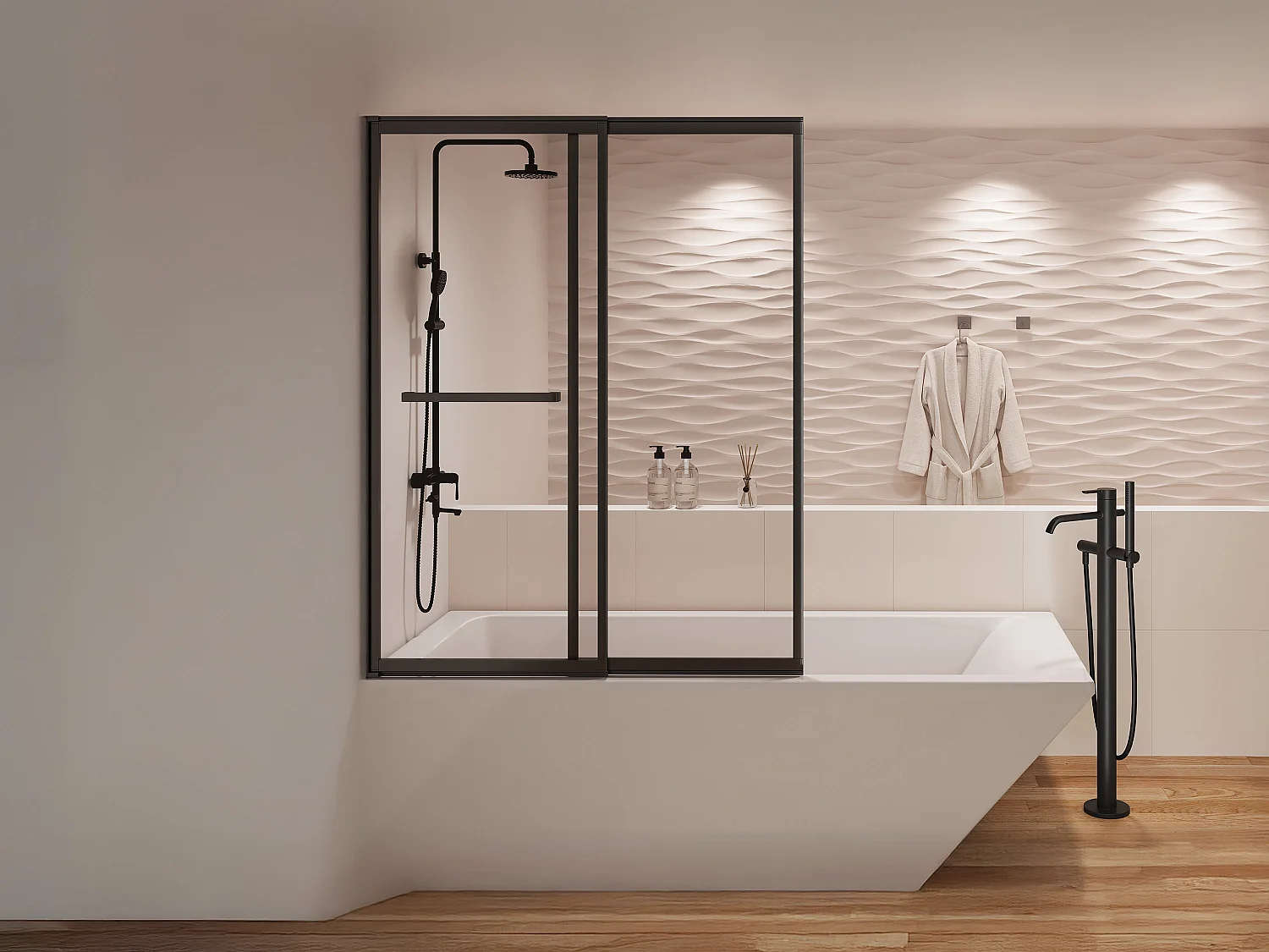 Pare baignoire coulissant noir mat avec porte serviette - 100x140 cm - WAIMEA
