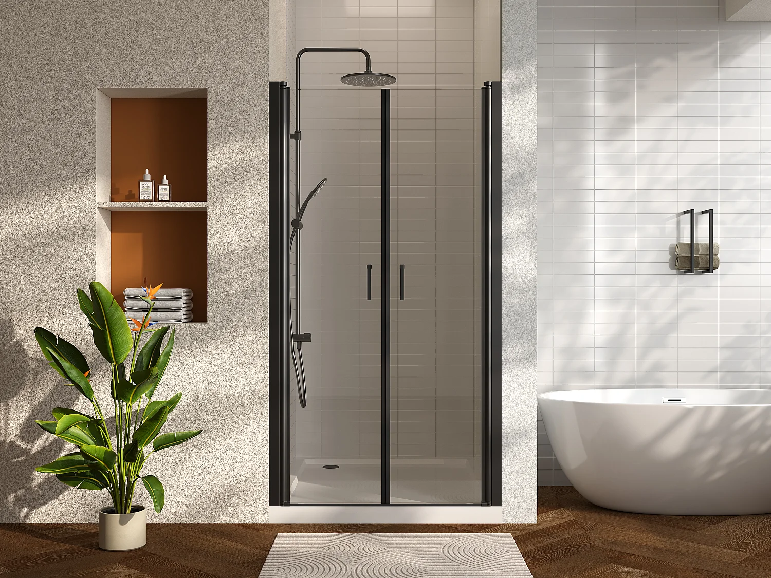 Drzwi prysznicowe skrzydłowe  - 90 x 195 cm - Czarny mat - Szkło hartowane - SARASOTA