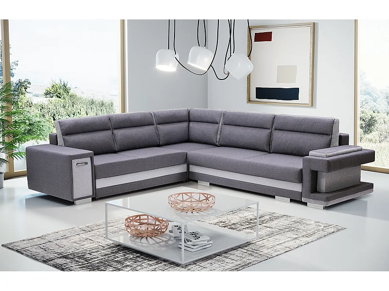 Ecksofa A2 Mit Schlaffunktion Und Bettkasten, Schlafsofa Mit Stauraum, Anpassbare Seiten, Modernes Design Linke Seite, 305x272x90 cm, HELLGRAU