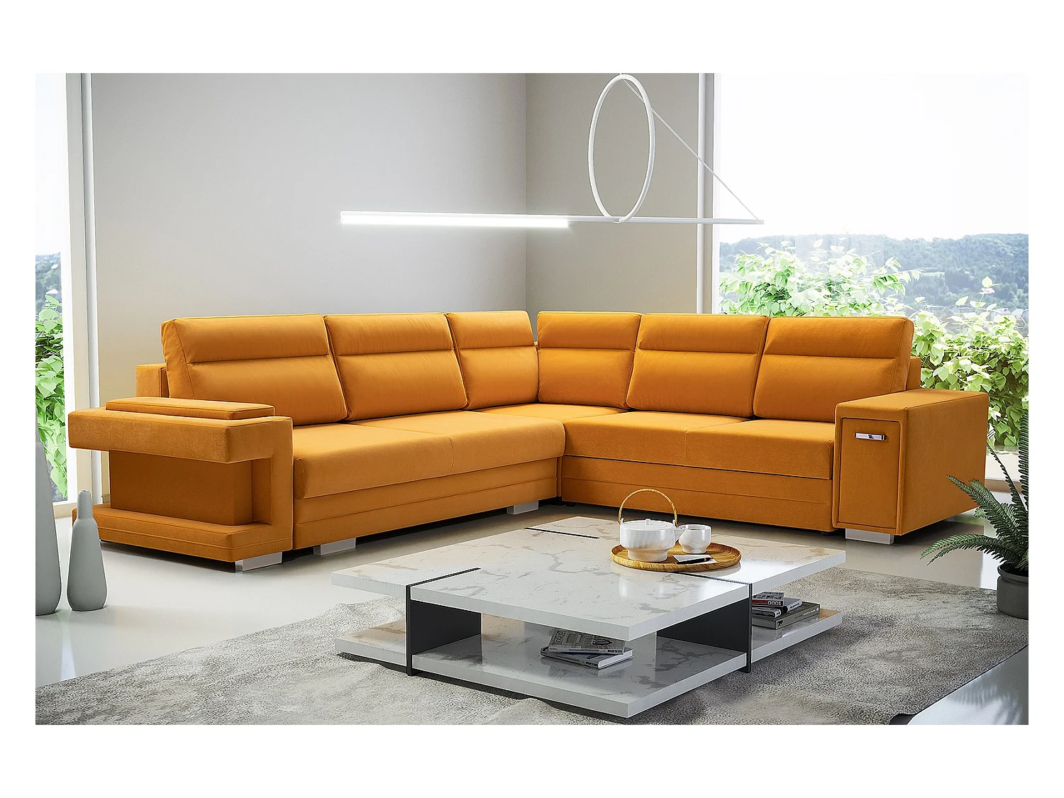 Ecksofa A2 Mit Schlaffunktion Und Bettkasten, Schlafsofa Mit Stauraum, Anpassbare Seiten, Modernes Design Rechte Seite, 305x272x90 cm, GOLD