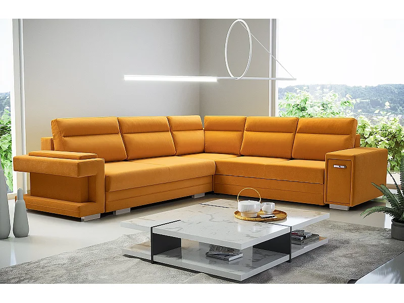 Ecksofa A2 Mit Schlaffunktion Und Bettkasten, Schlafsofa Mit Stauraum, Anpassbare Seiten, Modernes Design Rechte Seite, 305x272x90 cm, GOLD