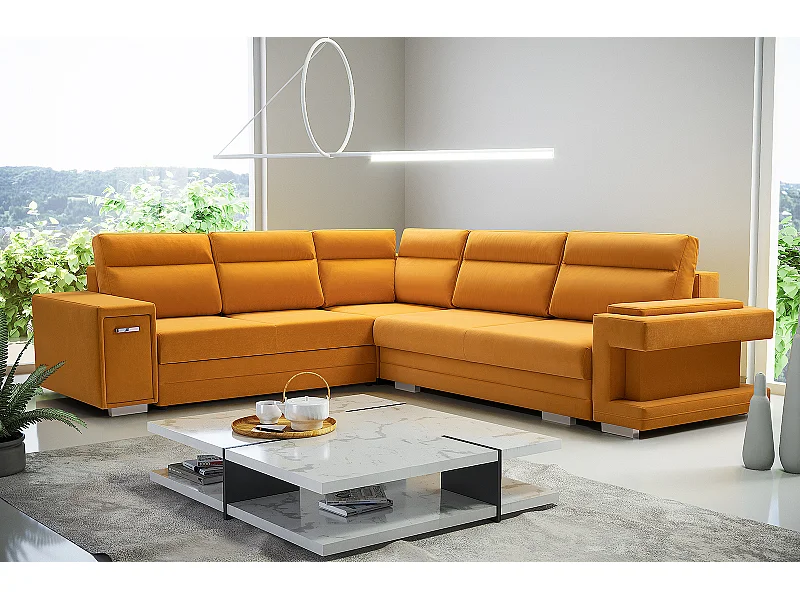 Ecksofa A2 Mit Schlaffunktion Und Bettkasten, Schlafsofa Mit Stauraum, Anpassbare Seiten, Modernes Design Linke Seite, 305x272x90 cm, GOLD