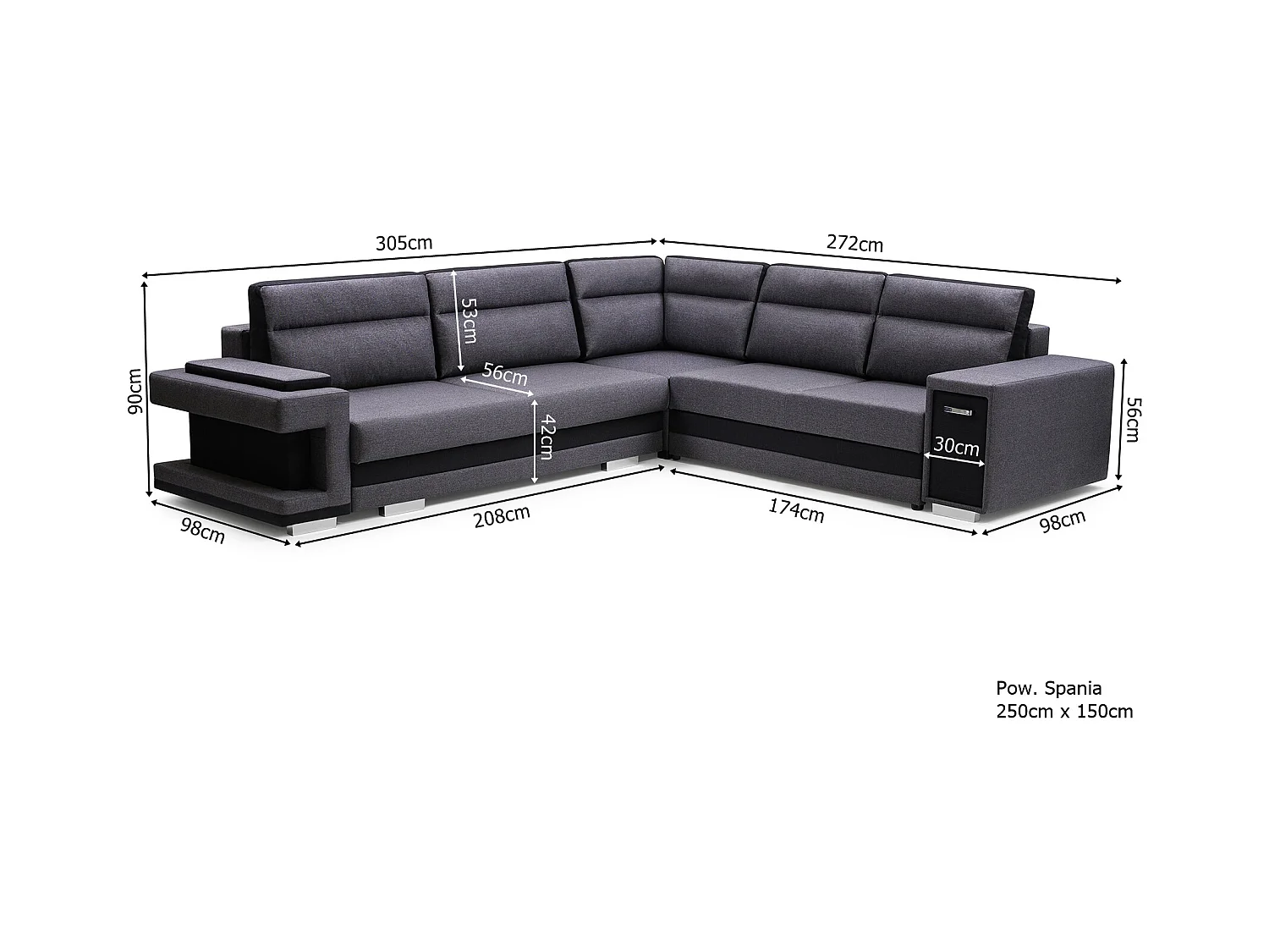 Ecksofa A2 Mit Schlaffunktion Und Bettkasten, Schlafsofa Mit Stauraum, Anpassbare Seiten, Modernes Design Rechte Seite, 305x272x90 cm, GRAFIT