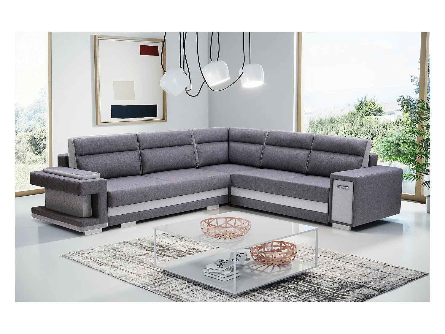 Ecksofa A2 Mit Schlaffunktion Und Bettkasten, Schlafsofa Mit Stauraum, Anpassbare Seiten, Modernes Design Rechte Seite, 305x272x90 cm, HELLGRAU