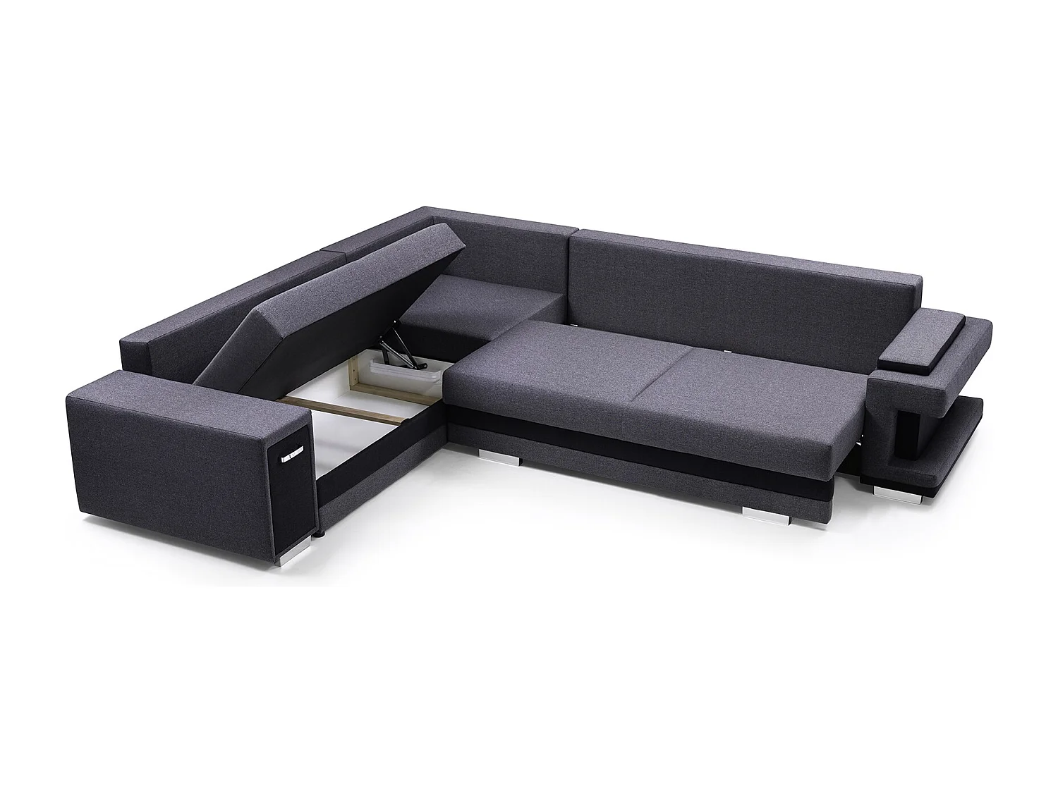 Ecksofa A2 Mit Schlaffunktion Und Bettkasten, Schlafsofa Mit Stauraum, Anpassbare Seiten, Modernes Design Rechte Seite, 305x272x90 cm, HELLGRAU
