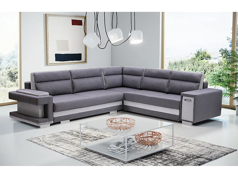 Ecksofa A2 Mit Schlaffunktion Und Bettkasten, Schlafsofa Mit Stauraum, Anpassbare Seiten, Modernes Design Rechte Seite, 305x272x90 cm, HELLGRAU