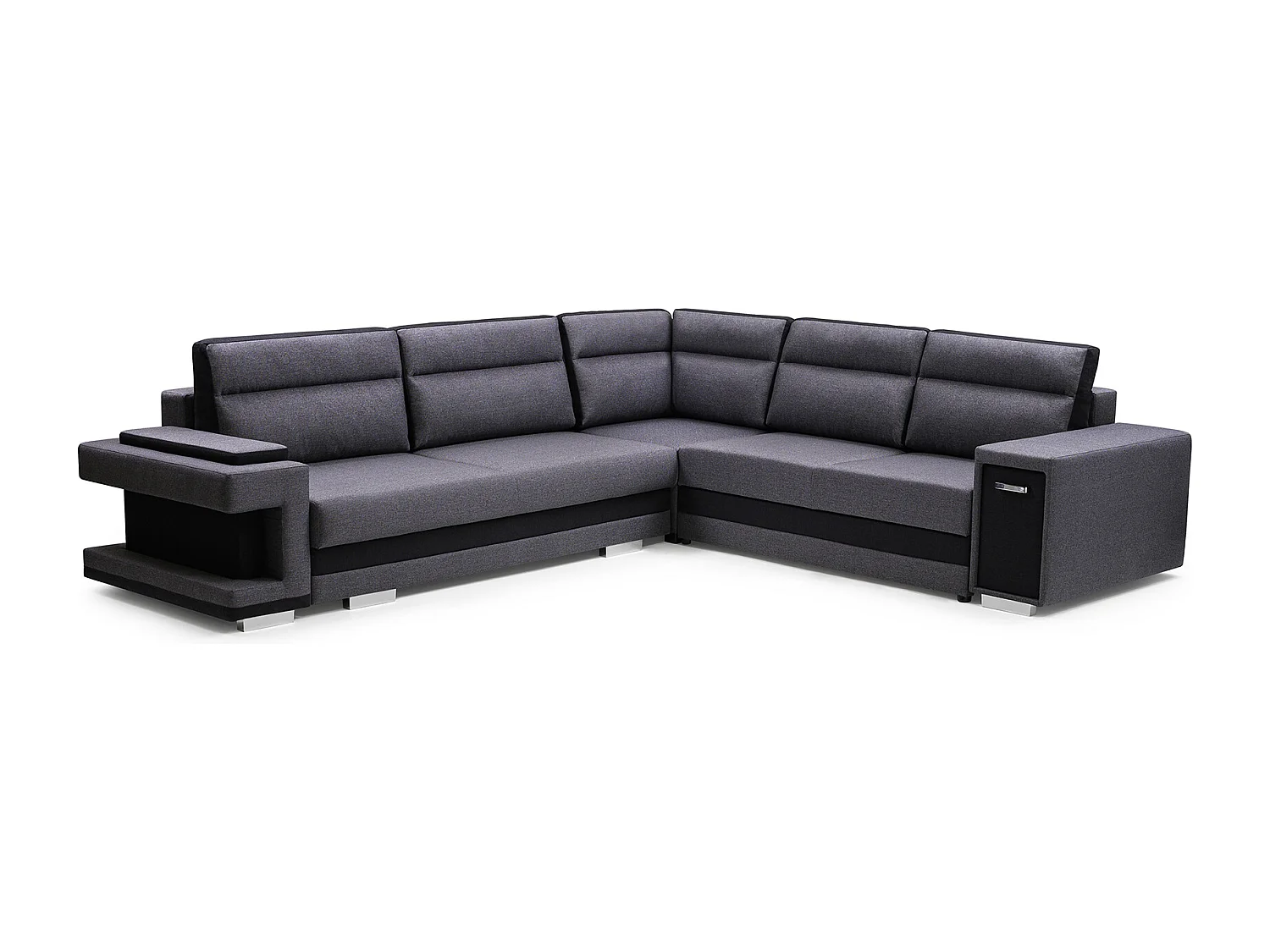 Sofá de canto A2 com função de dormir, espaço de arrumação, estrado, lados ajustáveis, design moderno à esquerda, 305x272x90 cm, CINZA ESCURO