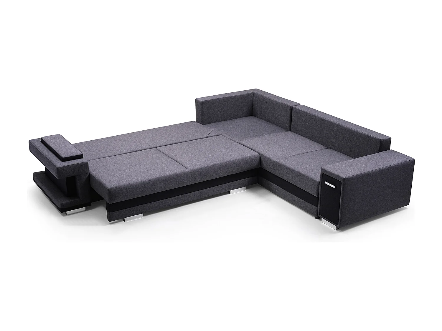 Sofá de canto A2 com função de dormir, espaço de arrumação, estrado, lados ajustáveis, design moderno à esquerda, 305x272x90 cm, CINZA ESCURO