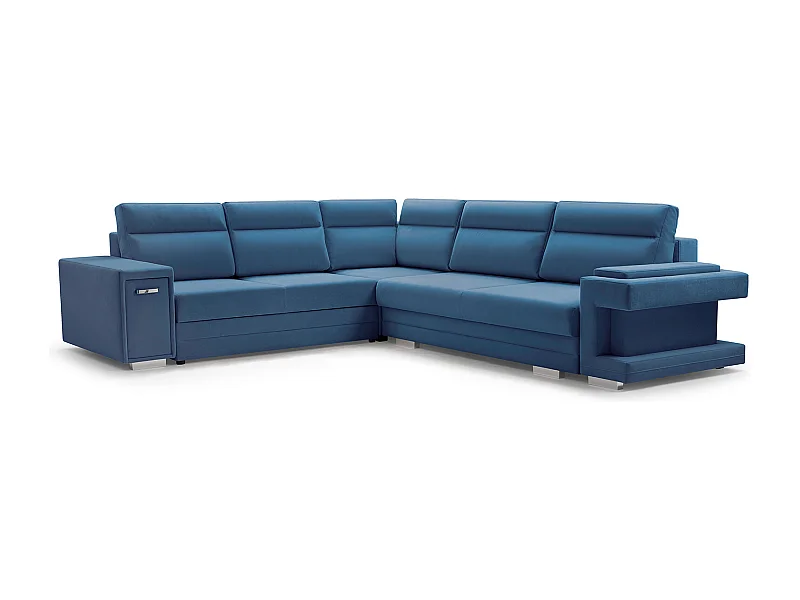 Ecksofa A2 Mit Schlaffunktion Und Bettkasten, Schlafsofa Mit Stauraum, Anpassbare Seiten, Modernes Design Linke Seite, 305x272x90 cm, BLAU