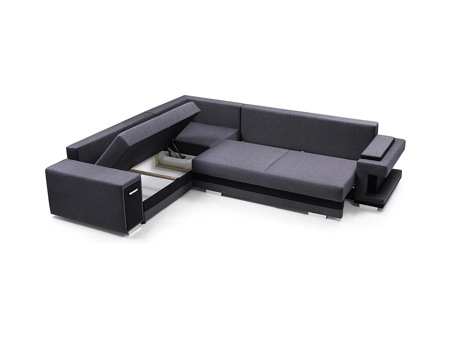 Ecksofa A2 Mit Schlaffunktion Und Bettkasten, Schlafsofa Mit Stauraum, Anpassbare Seiten, Modernes Design Rechte Seite, 305x272x90 cm, DUNKELGRAU