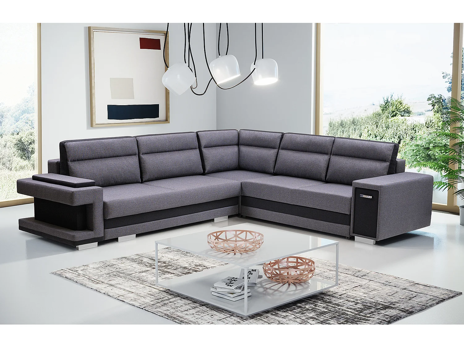 Ecksofa A2 Mit Schlaffunktion Und Bettkasten, Schlafsofa Mit Stauraum, Anpassbare Seiten, Modernes Design Rechte Seite, 305x272x90 cm, DUNKELGRAU