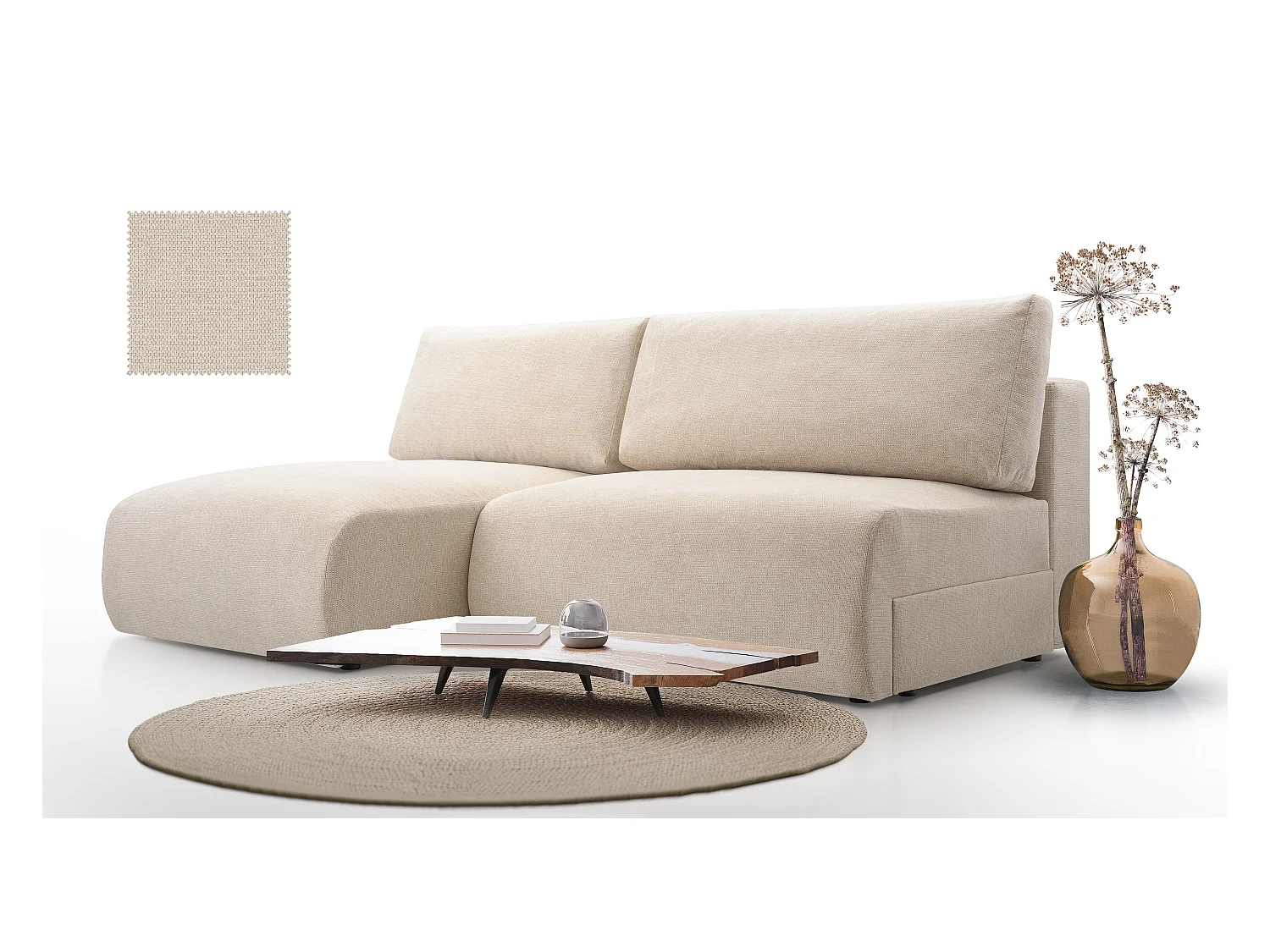 Ecksofa MILENA mit Schlaffunktion, Bettkasten & ARAGON-Stoff – 223x150x95 cm – Links Cremefarben