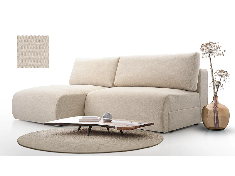 Ecksofa MILENA mit Schlaffunktion, Bettkasten & ARAGON-Stoff – 223x150x95 cm – Links Cremefarben