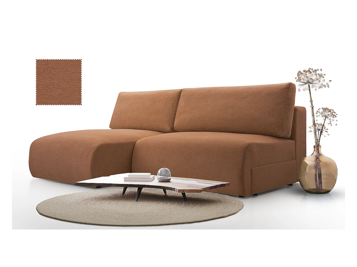 Divano angolare MILENA con letto, contenitore e tessuto idrofobo ARAGON – 223x150x95 cm – Struttura in legno, sinistra, Marrone