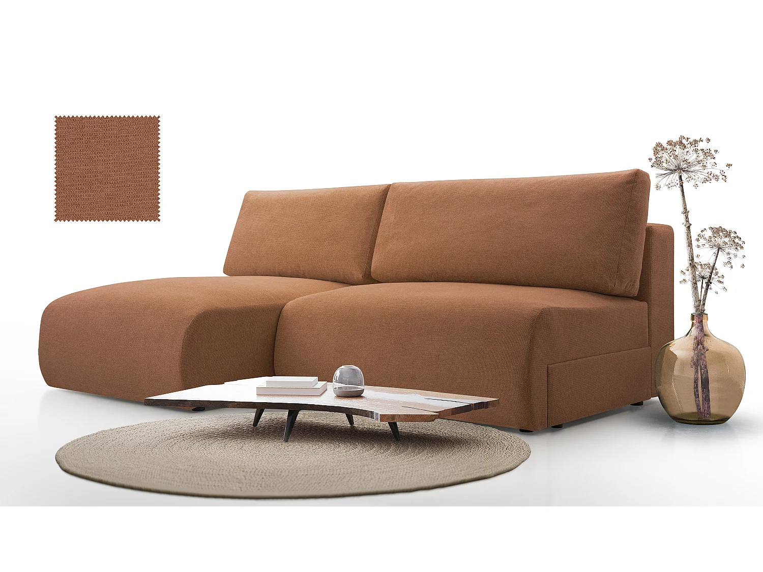 Ecksofa MILENA mit Schlaffunktion, Bettkasten & ARAGON-Stoff – 223x150x95 cm – Links Braun