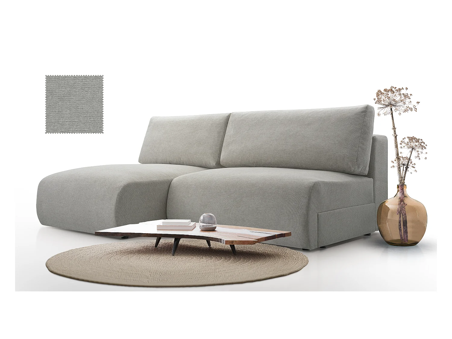 Ecksofa MILENA mit Schlaffunktion, Bettkasten & ARAGON-Stoff – 223x150x95 cm – Links Grau