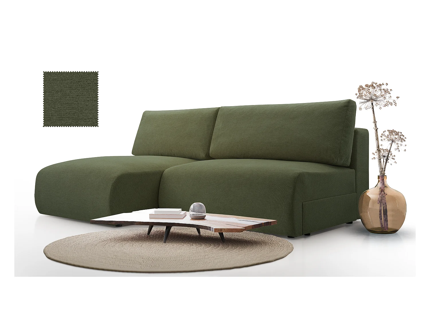 Ecksofa MILENA mit Schlaffunktion, Bettkasten & ARAGON-Stoff – 223x150x95 cm – Links Grün