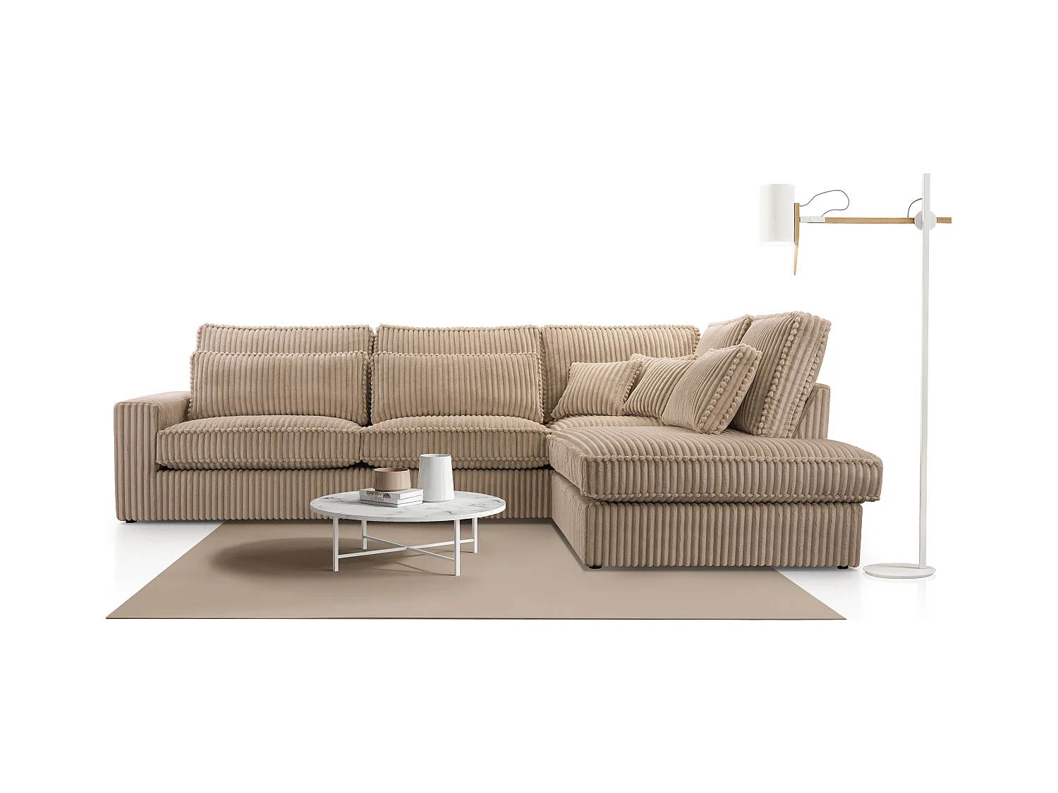 Hochwertiges Ecksofa - Modernes Sofa mit Kissen, gepolsterte Rückenlehne, komfortabel und stilvoll, Rechtes Design 89x314x224 cm, Cappuccino