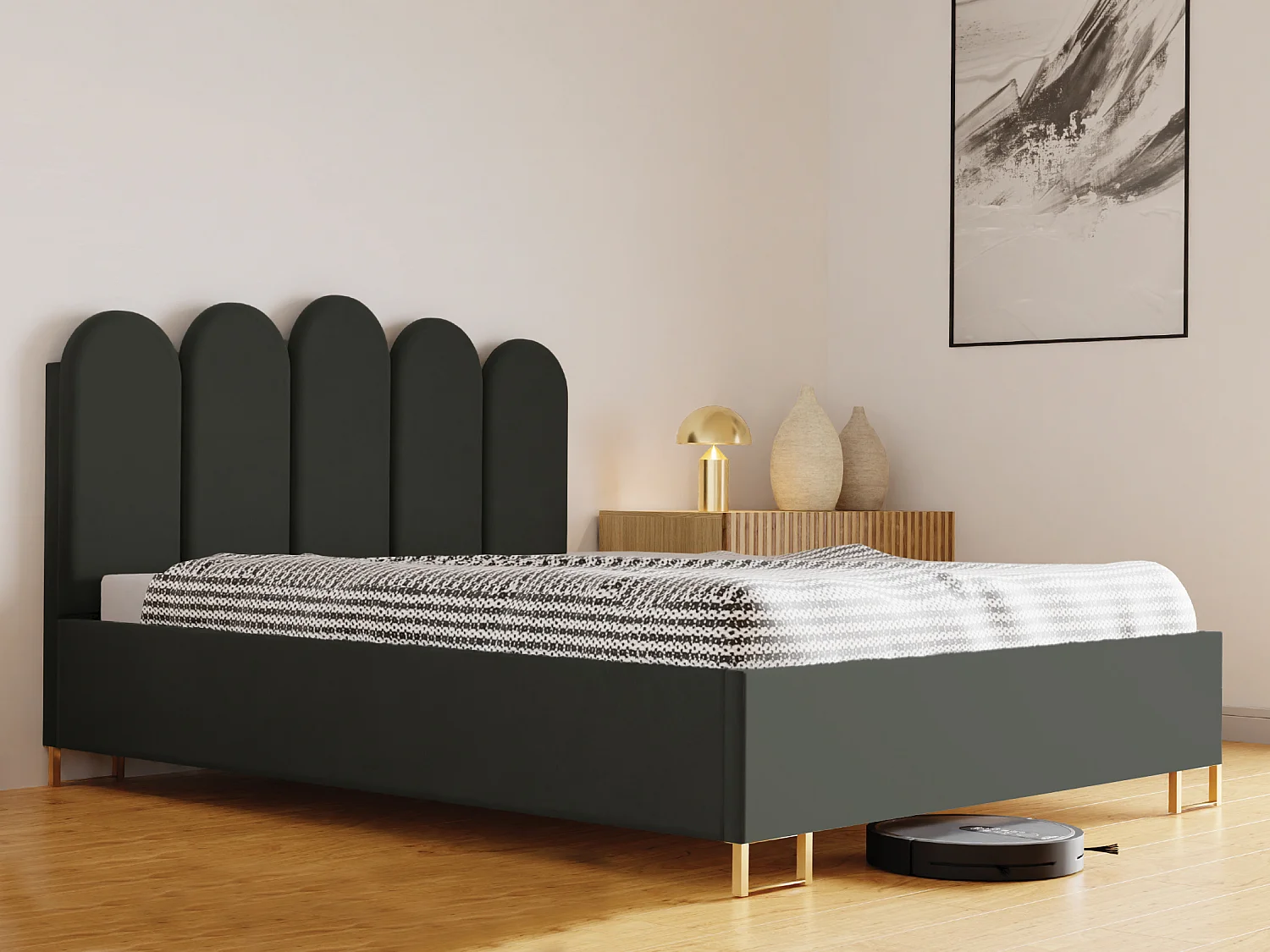 Letto imbottito MALAGA con testiera, tessuto MONOLITH, contenitore a pistoni, altezza 39 cm, 140×200 cm, Verde scuro