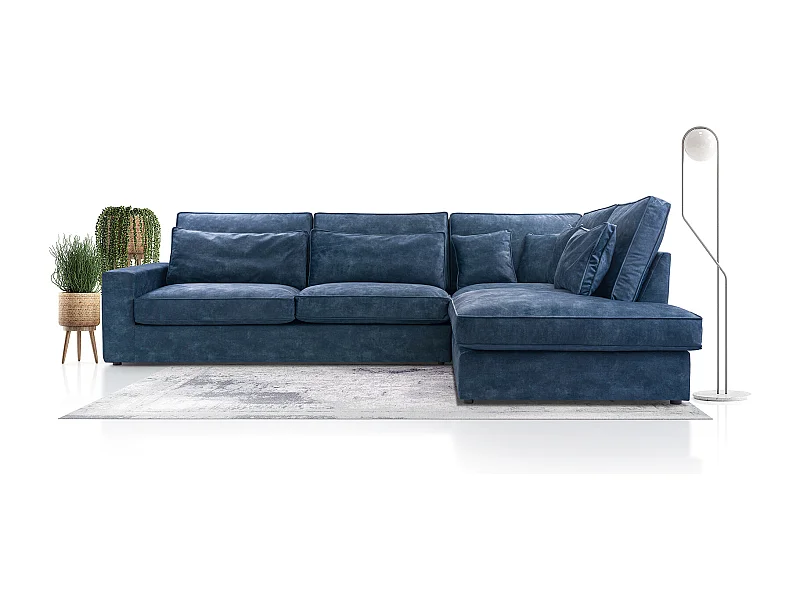 Modernes Ecksofa mit Kissen, Beste Ecke! Wohnbereich mit Bettkasten, Wave Spring Rücken, Freistehend, 89x314x224cm, Rechte Seite, Blau