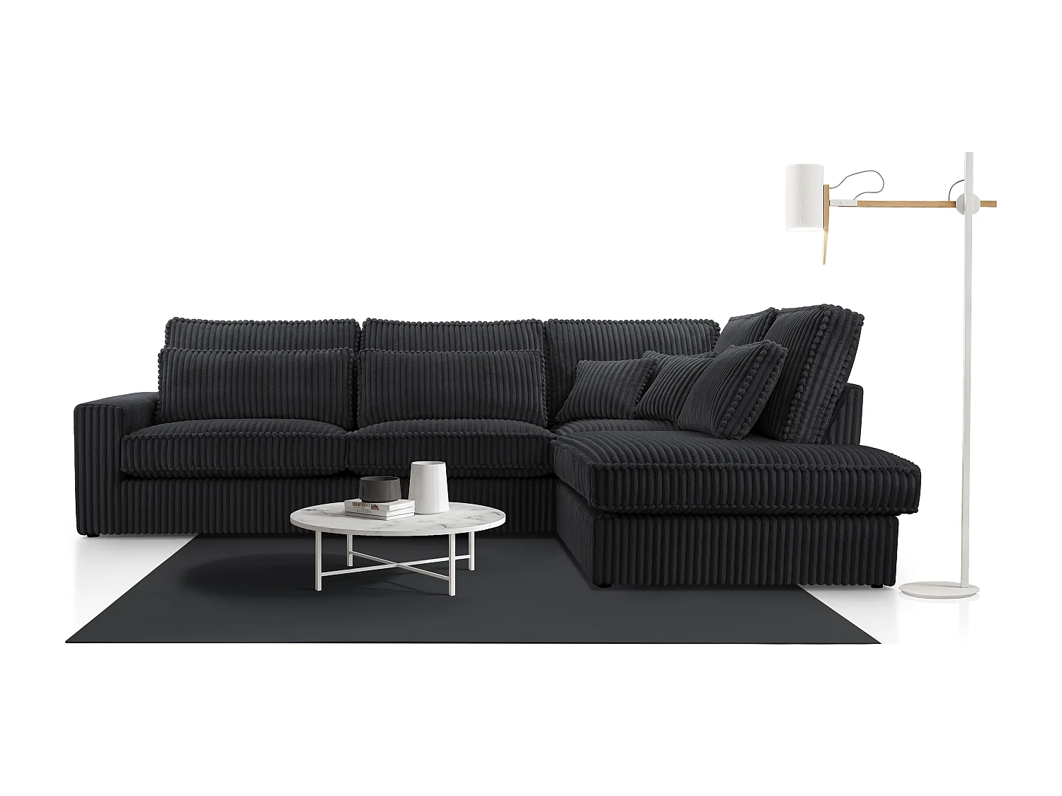 Hochwertiges Ecksofa - Modernes Sofa mit Kissen, gepolsterte Rückenlehne, bequem und stilvoll, Rechts Design 89x314x224 cm, Schwarz