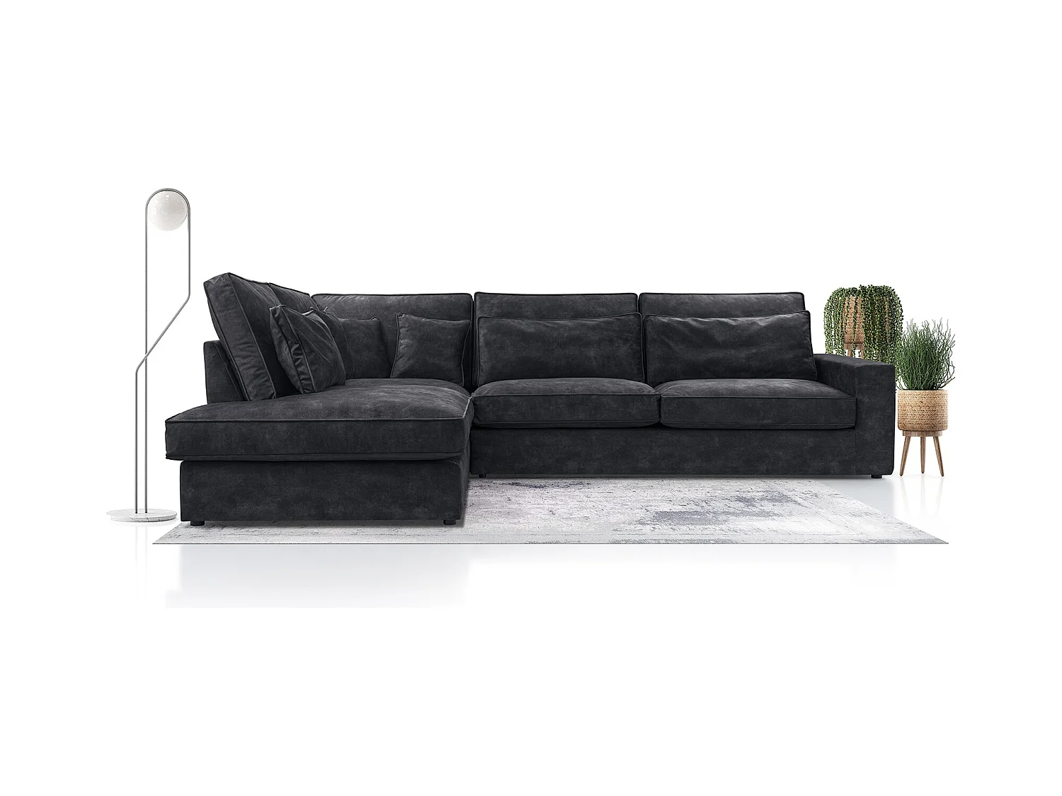 Modernes Ecksofa mit Kissen, Beste Ecke! Wohnbereich mit Bettkasten, Wave Spring Rücken, Freistehend, 89x314x224cm, Linke Seite, Schwarz