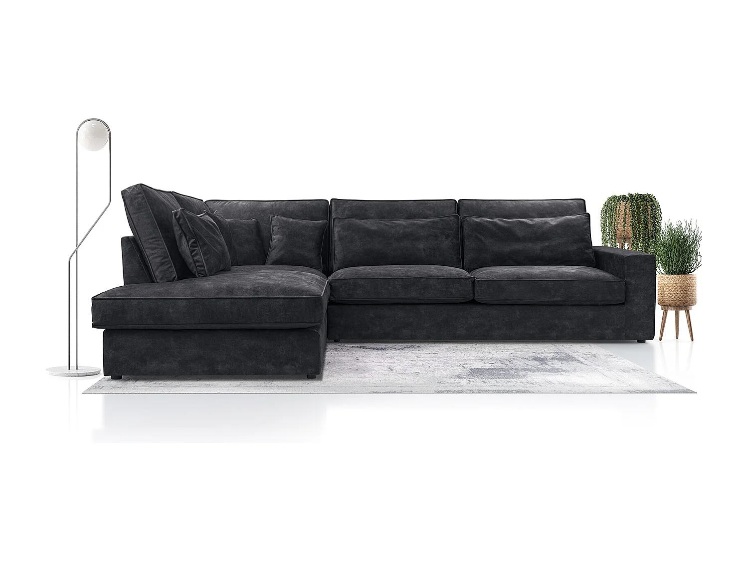 Modernes Ecksofa mit Kissen, Beste Ecke! Wohnbereich mit Bettkasten, Wave Spring Rücken, Freistehend, 89x314x224cm, Linke Seite, Schwarz