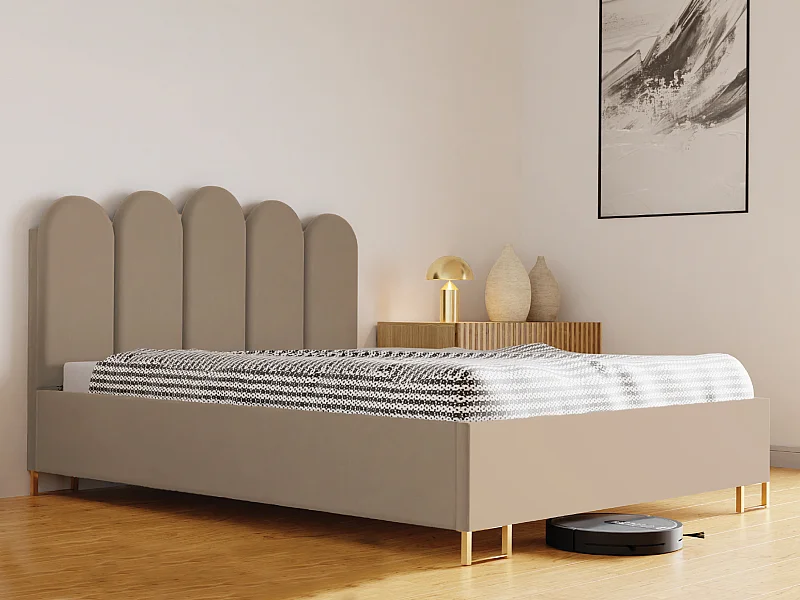 Polsterbett MALAGA mit gepolstertem Kopfteil, VELUTTO-Stoff, Bettkasten mit Gasdruckfeder, Betthöhe 39 cm, 140×200 cm, Creme