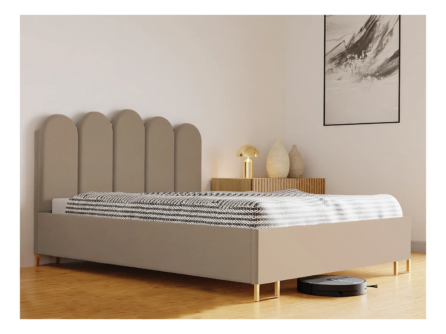 Polsterbett MALAGA mit gepolstertem Kopfteil, VELUTTO-Stoff, Bettkasten mit Gasdruckfeder, Betthöhe 39 cm, 140×200 cm, Creme