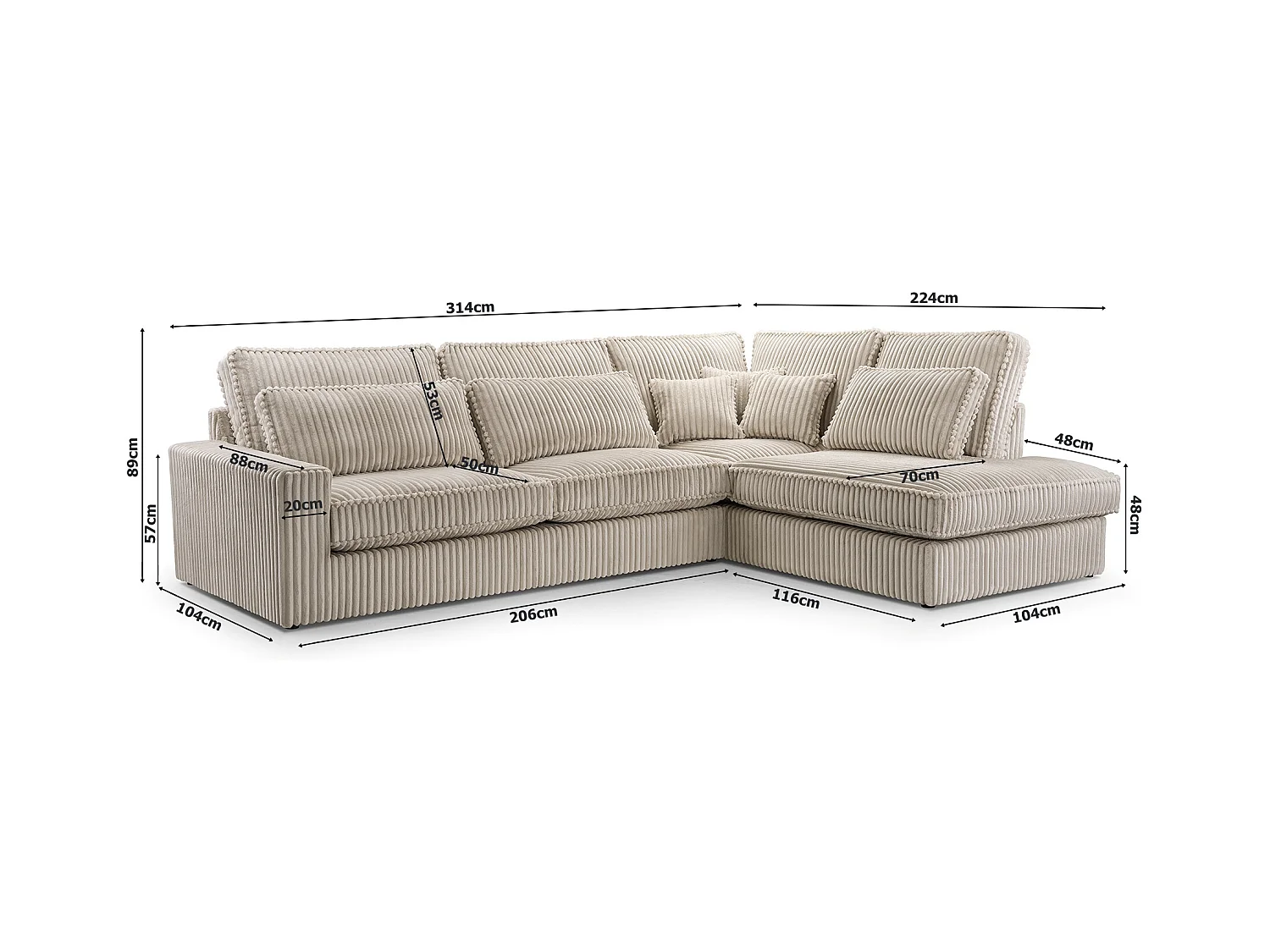 Hochwertiges Ecksofa - Modernes Sofa mit Kissen, gepolsterte Rückenlehne, bequem und stilvoll, Rechts Design 89x314x224 cm, Walnuss