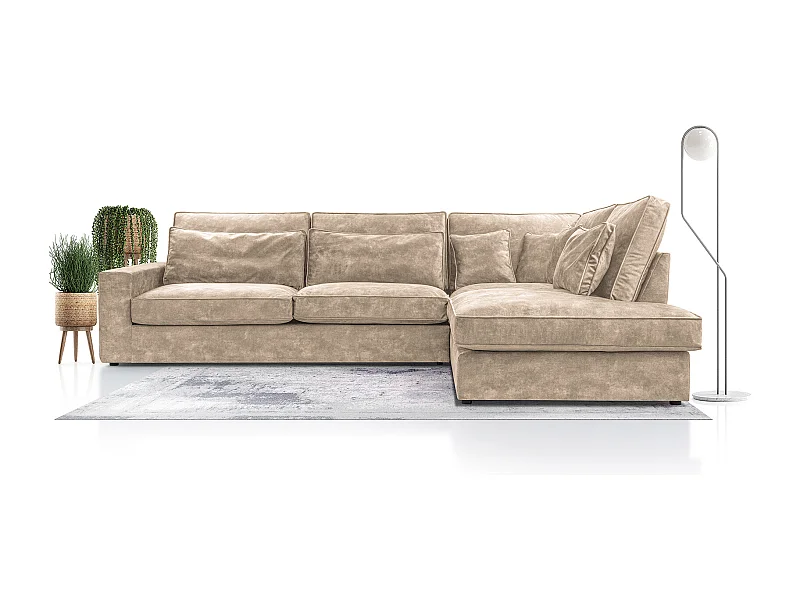 Modernes Ecksofa mit Kissen, Beste Ecke! Wohnbereich mit Bettkasten, Wave Spring Rücken, Freistehend, 89x314x224cm, Rechte Seite, Beige