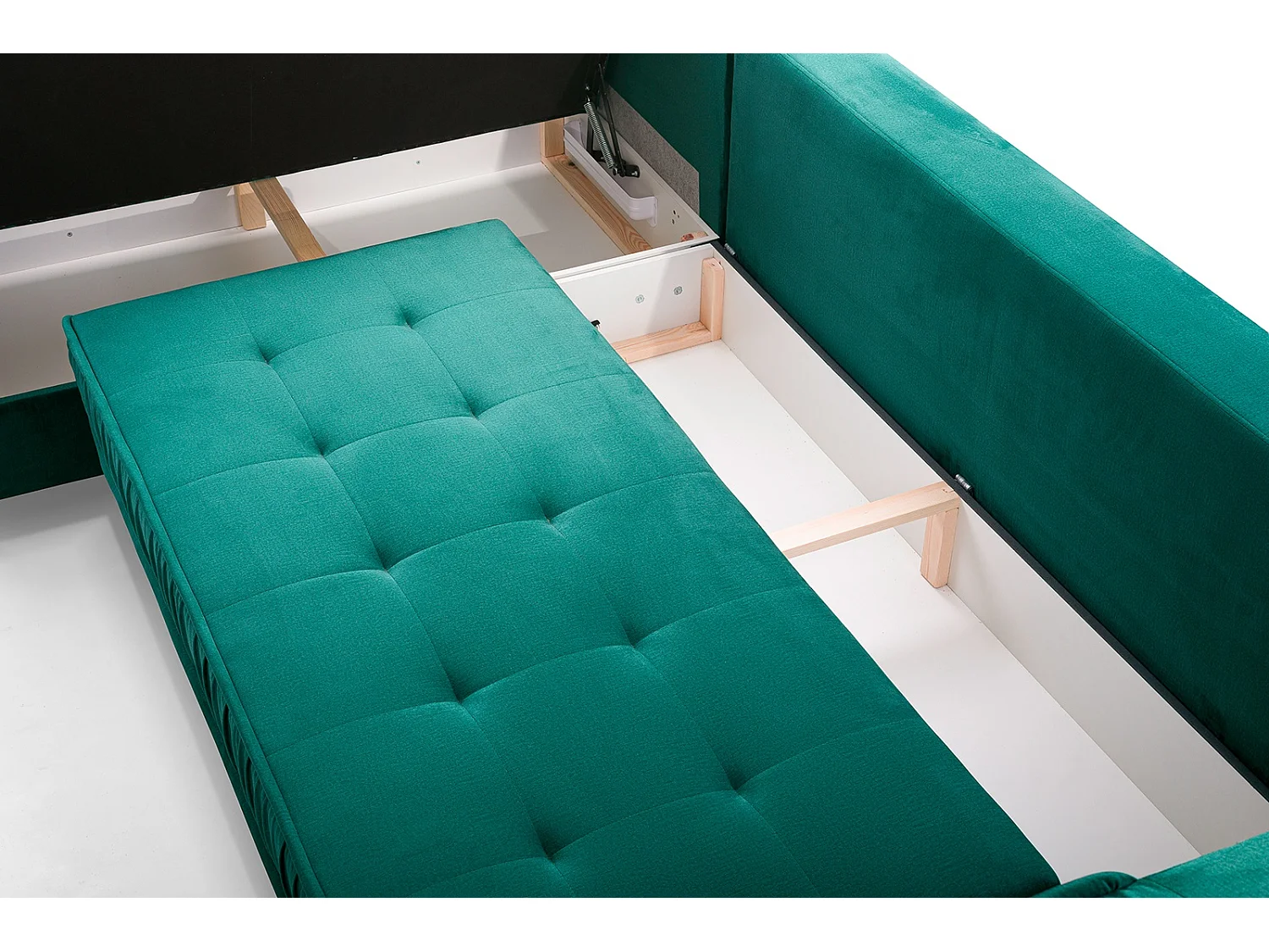 Divano angolare Akita con letto e contenitore – Molle ondulate, struttura in legno, tessuto facile da pulire, sinistra, 289x185x105 cm, Nero