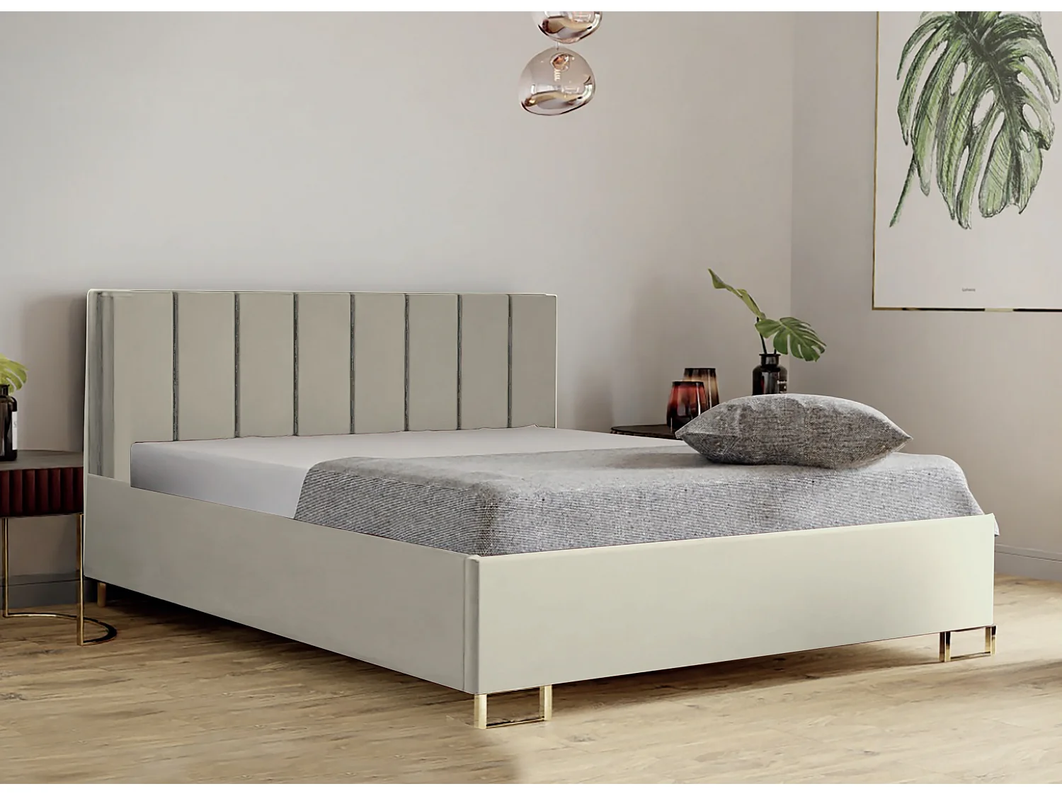 Cama estofada MALIBU, cabeceira acolchoada, tecido MONOLITH premium, baú com pistão a gás, altura confortável 39 cm, 140x200 cm, Cinza