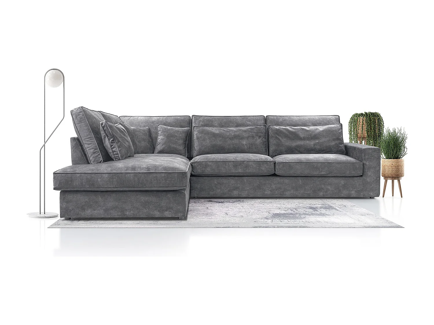 Modernes Ecksofa mit Kissen, Beste Ecke! Wohnbereich mit Bettkasten, Wave Spring Rücken, Freistehend, 89x314x224cm, Linke Seite, Grau