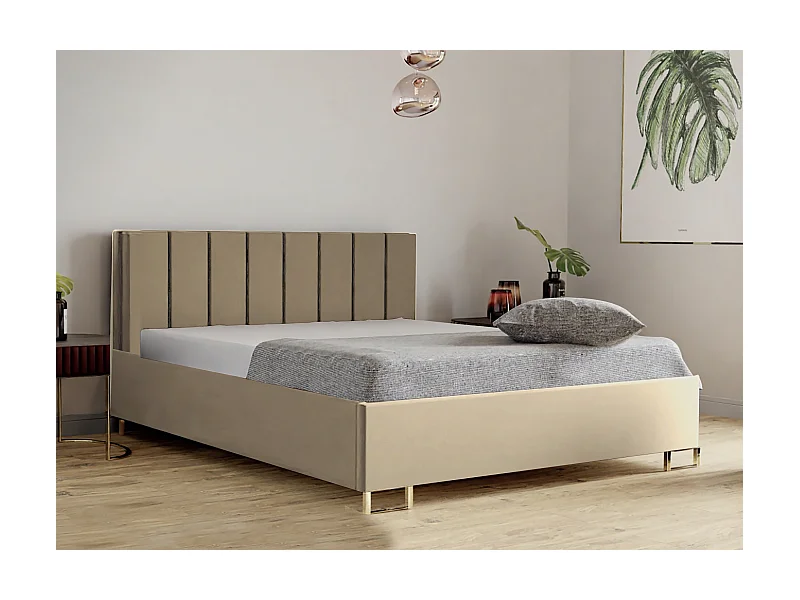 Polsterbett MALIBU 140x200 Cappuccino, MONOLITH-Stoff, gepolstertes Kopfteil, Bettkasten mit Gasdruckfeder, 39 cm hoch, Beige