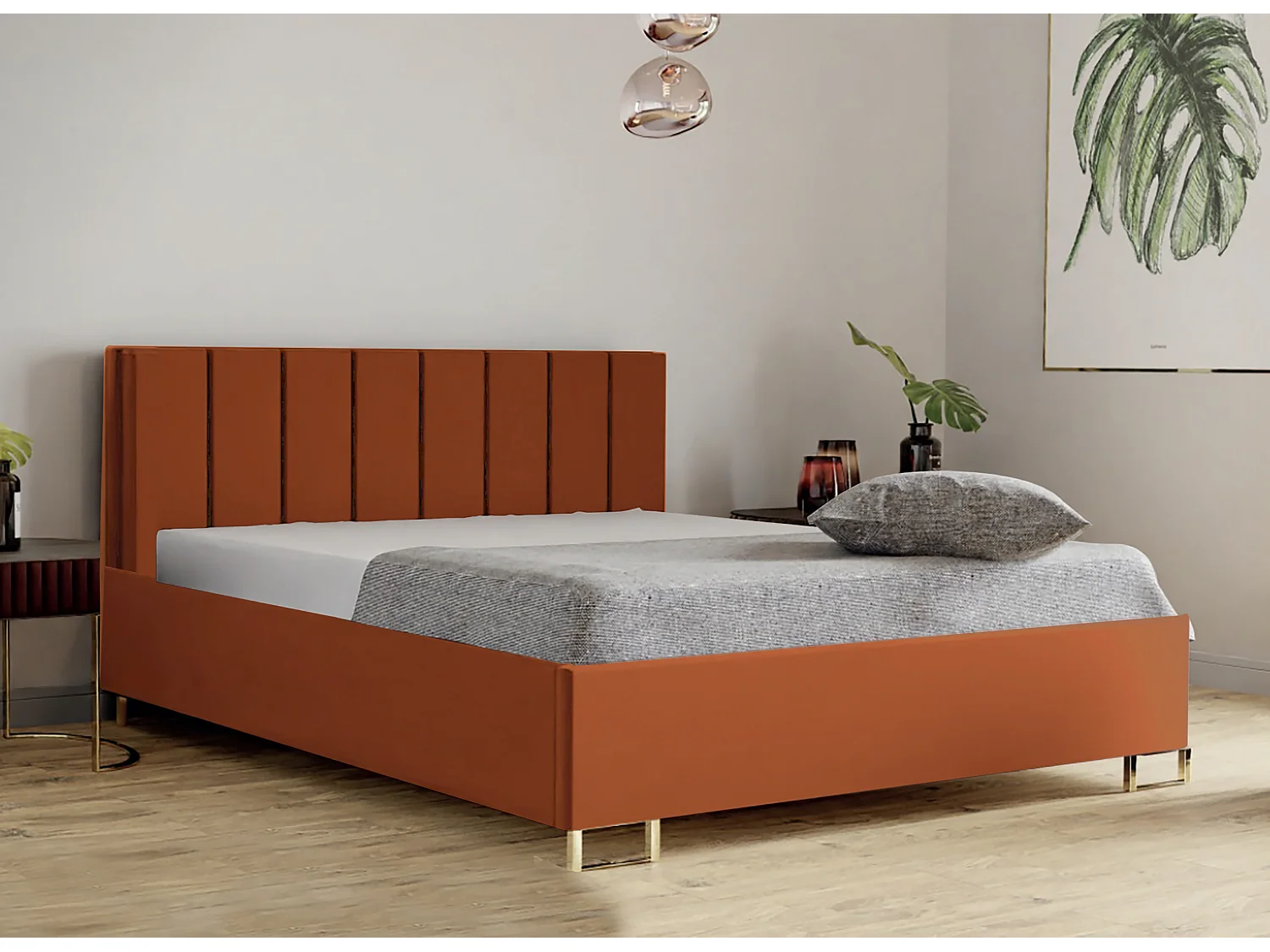 Polsterbed MALIBU, gestoffeerde rugleuning, MONOLITH-stof, opbergbox met gasdrukveer, comfortabele bedhoogte 39 cm, 120x200 cm, Abrikoos