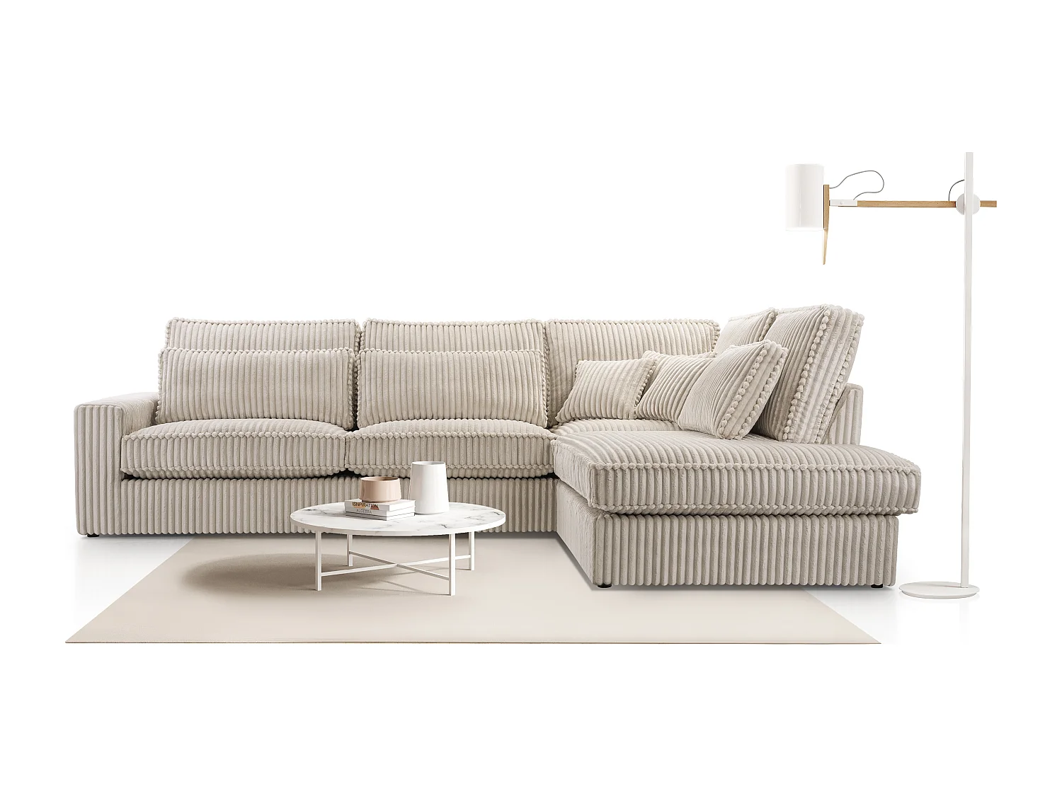 Hochwertiges Ecksofa - Modernes Sofa mit Kissen, gepolsterte Rückenlehne, bequem und stilvoll, Rechtes Design 89x314x224 cm, Beige