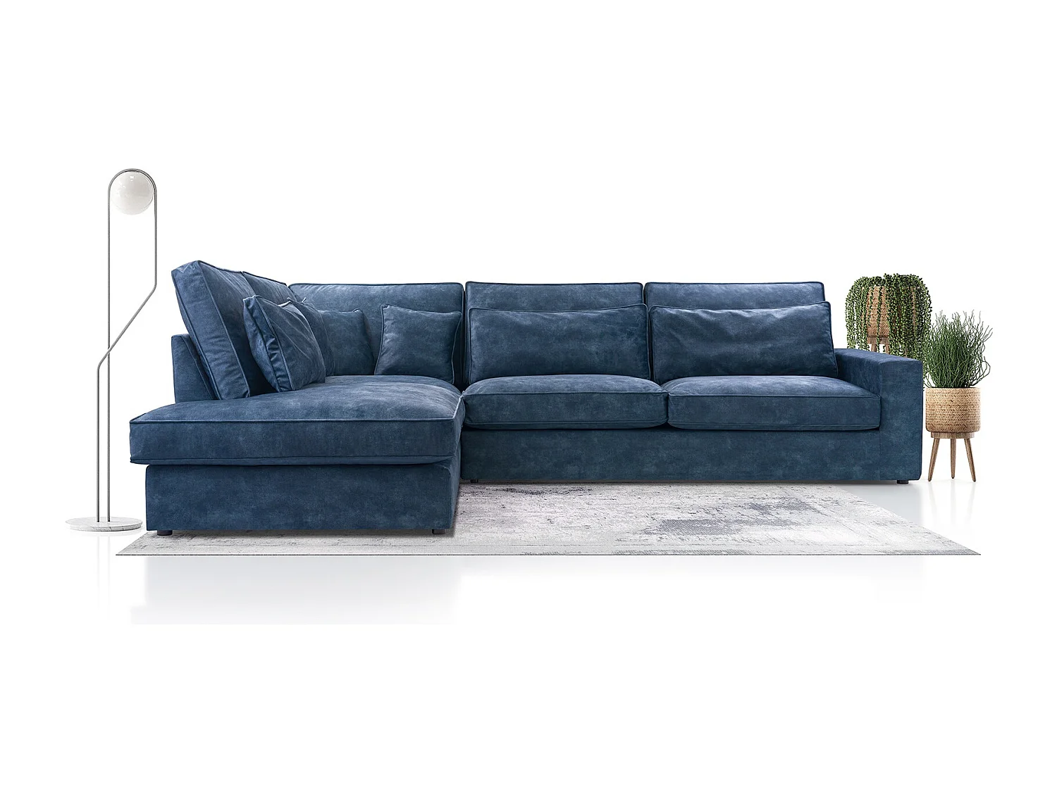 Modernes Ecksofa mit Kissen, Beste Ecke! Wohnbereich mit Bettkasten, Wave Spring Rücken, Freistehend, 89x314x224cm, Linke Seite, Blau