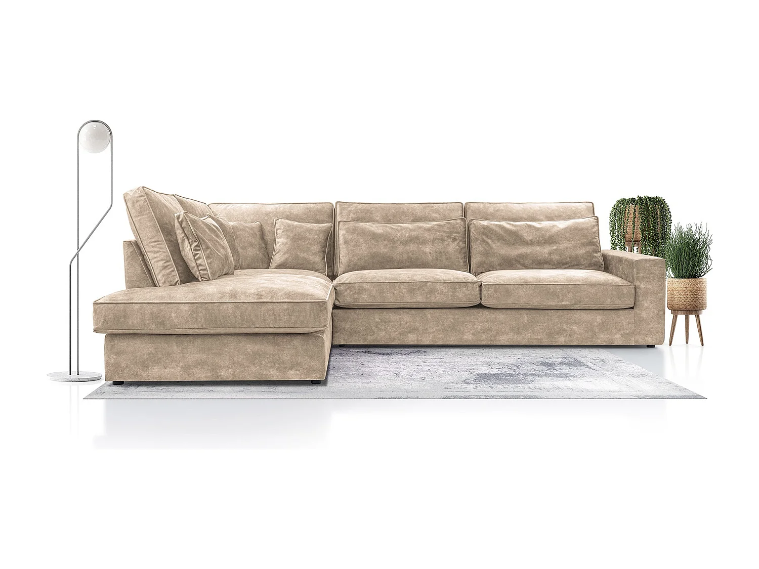 Nowoczesny narożnik z poduszkami, pojemnik, Wave Spring, wolnostojący, 89x314x224, lewa strona, beżowy