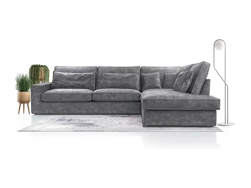 Modernes Ecksofa mit Kissen, Beste Ecke! Wohnbereich mit Bettkasten, Wave Spring Rücken, Freistehend, 89x314x224cm, Rechte Seite, Grau