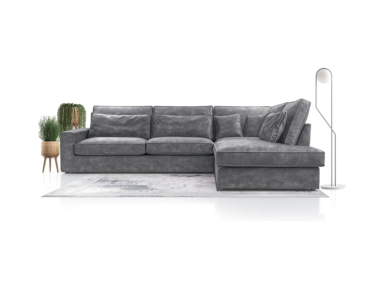 Modernes Ecksofa mit Kissen, Beste Ecke! Wohnbereich mit Bettkasten, Wave Spring Rücken, Freistehend, 89x314x224cm, Rechte Seite, Grau